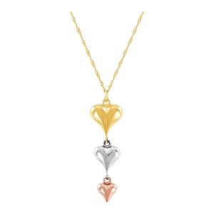 10K Yellow, White and Pink Gold Puffed Heart Necklace, 18".
